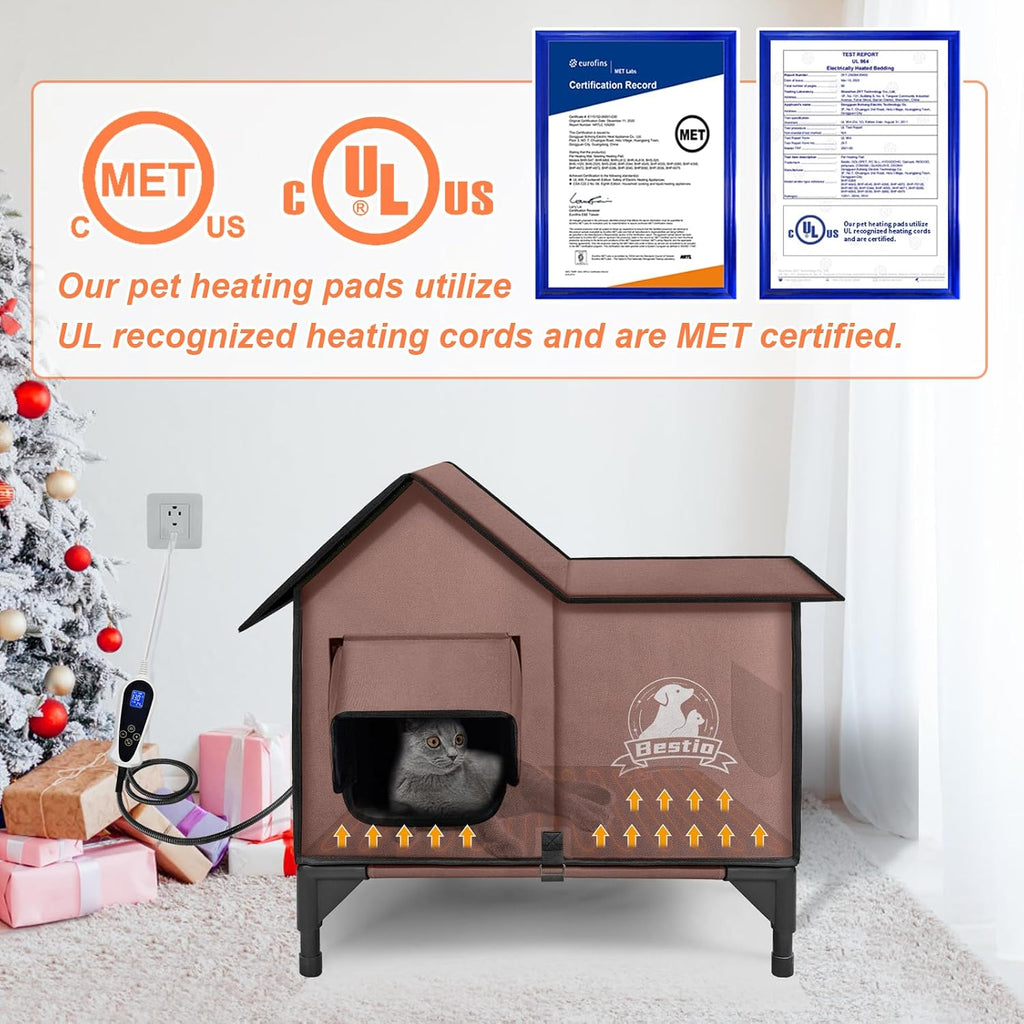 Large Heated Cat House for Outside 21x17x17 in with Elevated Base Cat-Attracting Eave Design Feral Stray