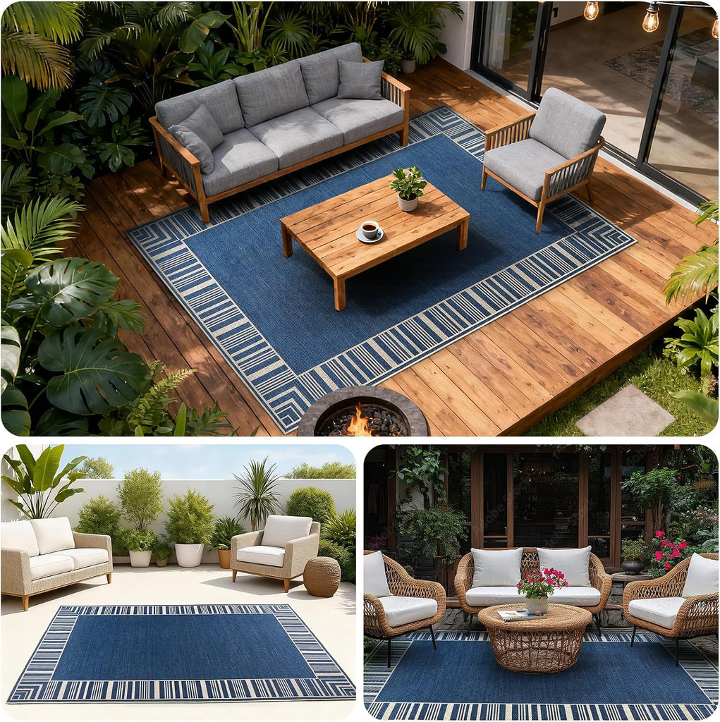 Striped Border Outdoor Rug 4x6, Washable Indoor Outdoor Patio Area Rugs for Balcony Backyard Non Slip, Modern Classic