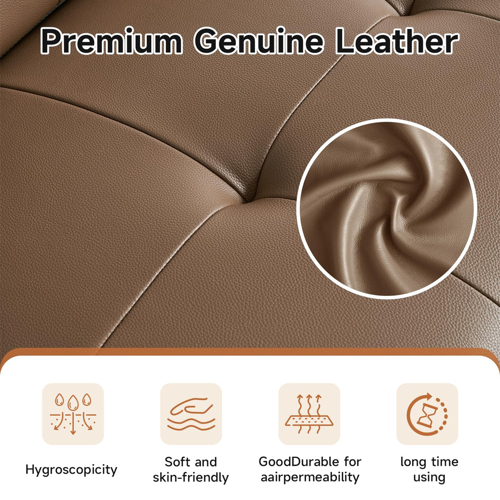 Electric Pull Out Couch With Adjustable Headrests, Genuine Leather Power Recliner Sofa with Extendable Footrest