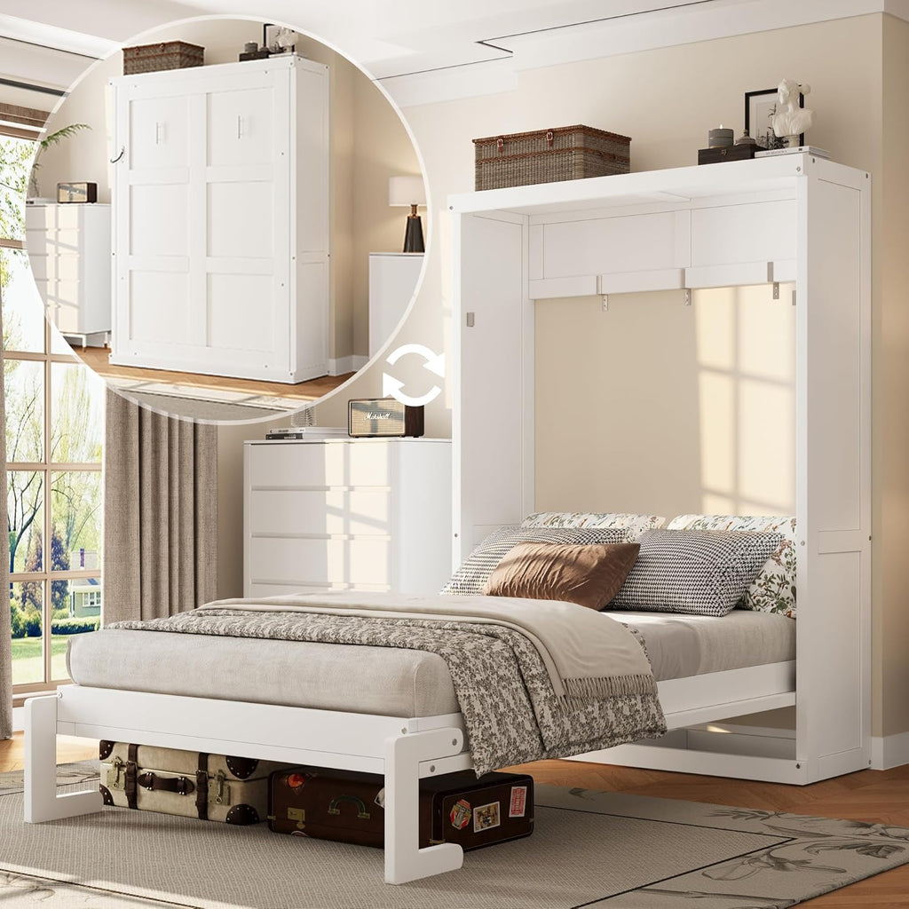 Space Saving Twin Murphy Wall Bed, Folds into Vertical Cabinet, Solid Metal Frame with Wood Slats, No Box Spring