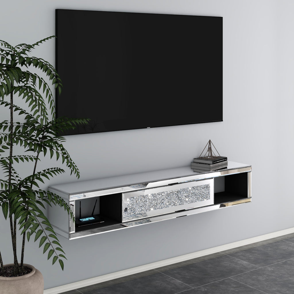 Mirrored Floating, 47 1/2" Wall Mounted Floating TV Shelf with Crushed Diamonds, Glass Floating Entertainment Center