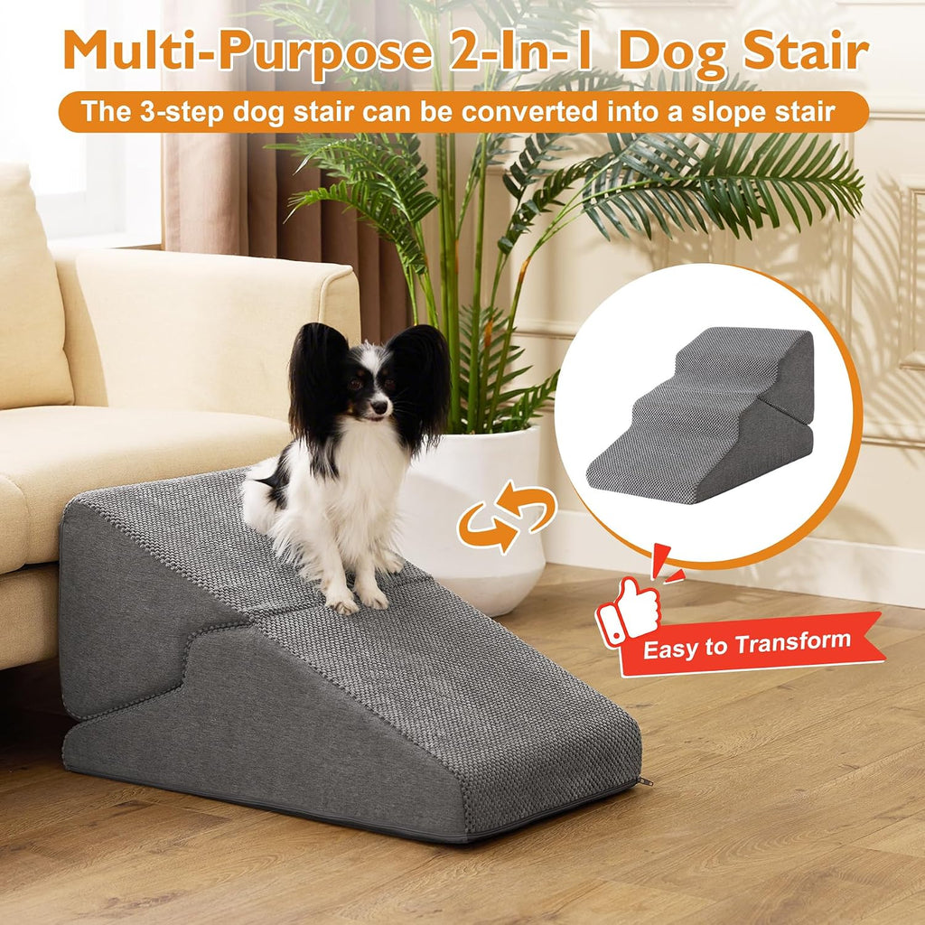 Dog Stairs for Small Dogs 16'' H, 3-Step Dog Steps for Bed, Grey
