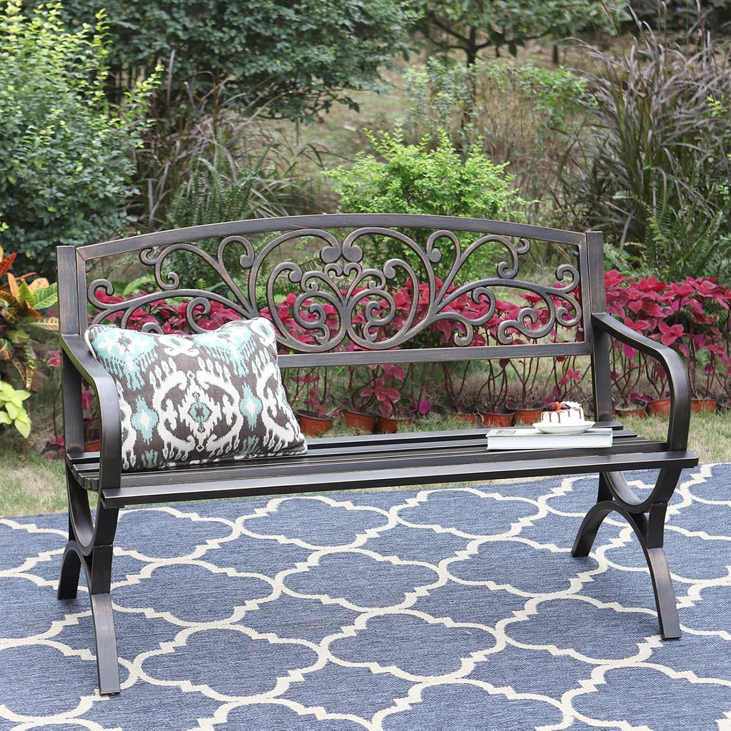 Metal Outdoor Bench Classic Floral Pattern, 50" Bronze | Cast Iron Metal Garden Benches for Outdoors, Front Porch