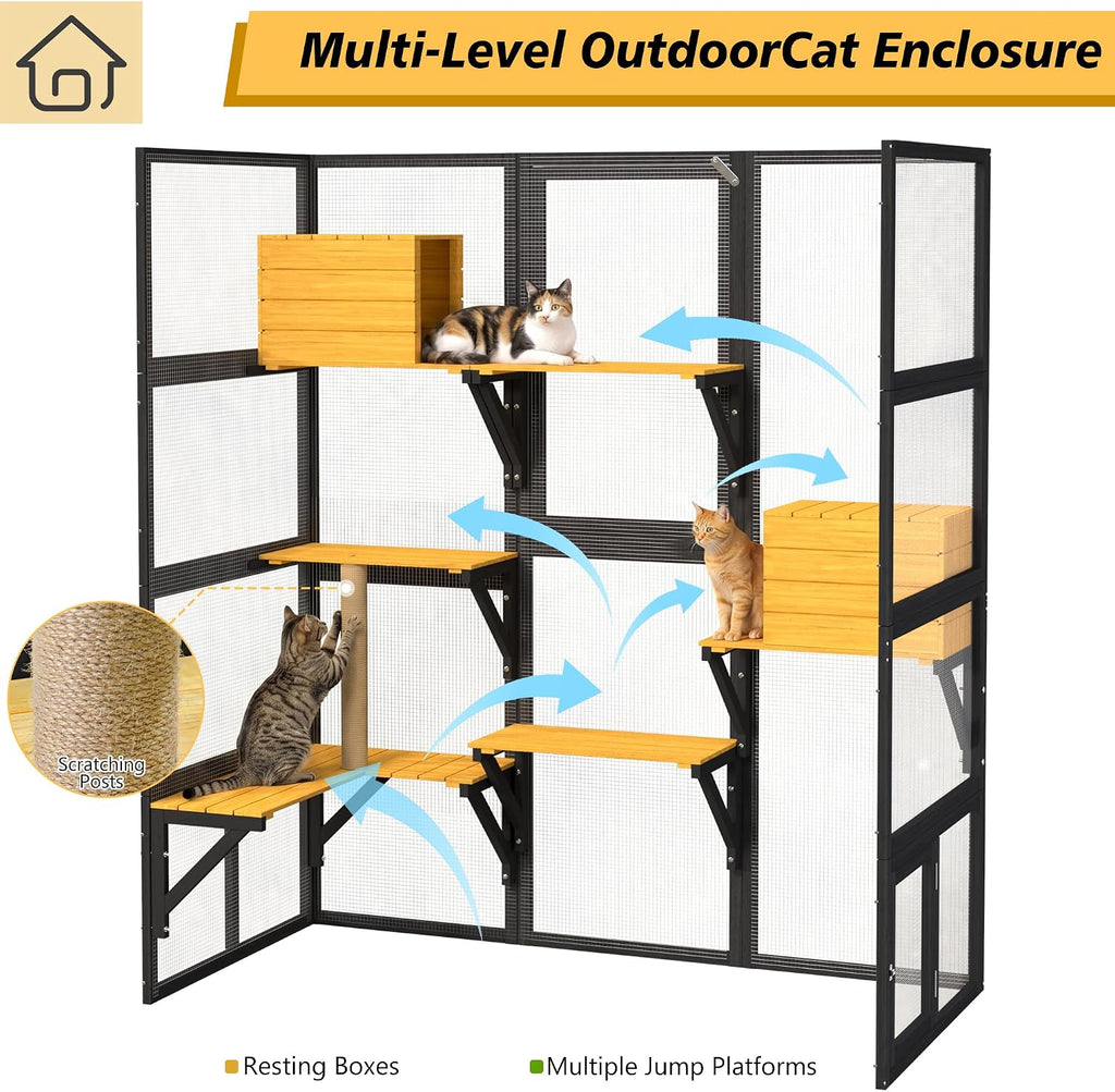 Large Catio Outdoor Cat Enclosure, Freestanding Walk-in Cat Play House W/Window Connection for Multiple Indoor