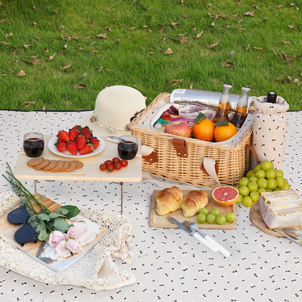Picnic Basket for 2, Handmade Wicker Picnic Set with Folding Table and Waterproof Blanket, Large Insulated Picnic