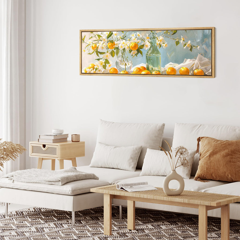 Large Framed Canvas Print Wall Art Bright Still Life with Orange Blossoms and Citrus Fruits Antique Retro Ready to
