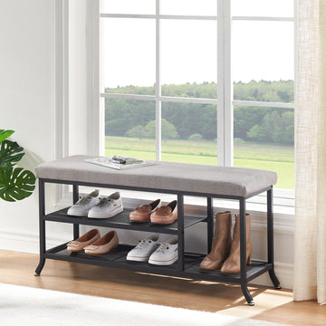 Shoe Storage Bench, Storage Organizer with Cushion Seat, Metal Frame, Shoe Bench with 2-Tier Adjustable Shelf