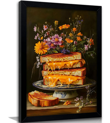 Framed, Dark Green Kitchen Wall Art Wildflowers Cottagecore Kitchen Wall Decor Grilled Cheese Painting Picture Funny