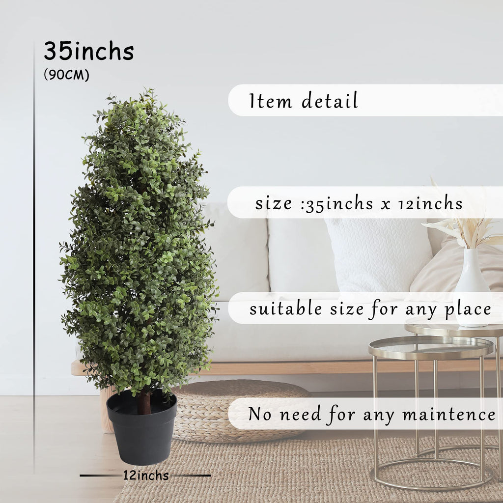 35inch Artificial Topiary Boxwood Tree, Faux Plants Outdoor 2 Packs Fake Bushes Faux Shrub, Artificial Topiary for