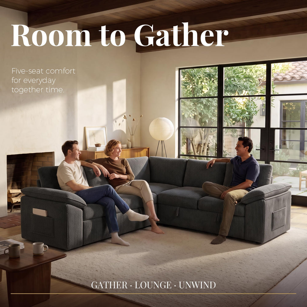 Modular Sectional Sleeper Sofa with Pull Out Bed, Dark Grey