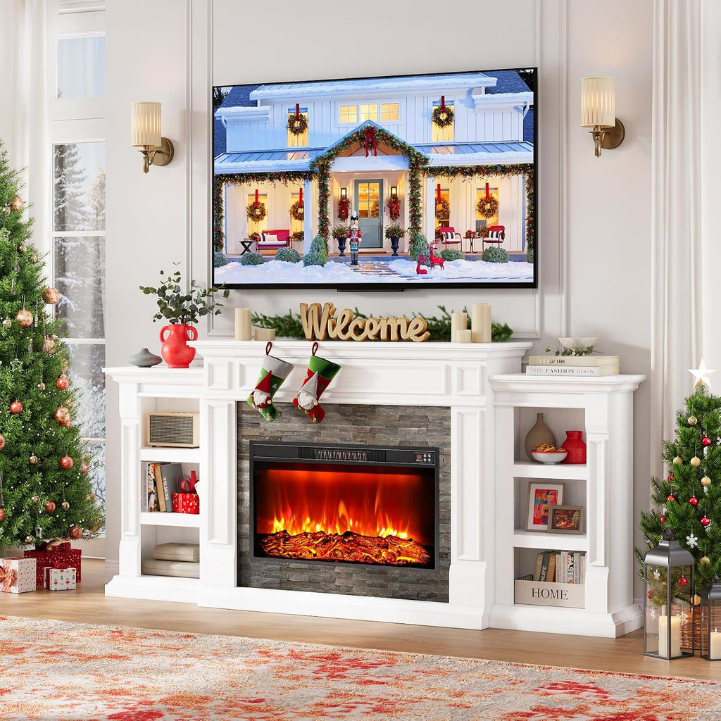 80" Electric Fireplace with Mantel and Cabinets, Fireplace TV Stand for Living Room Bedroom, 30in Realistic Flame