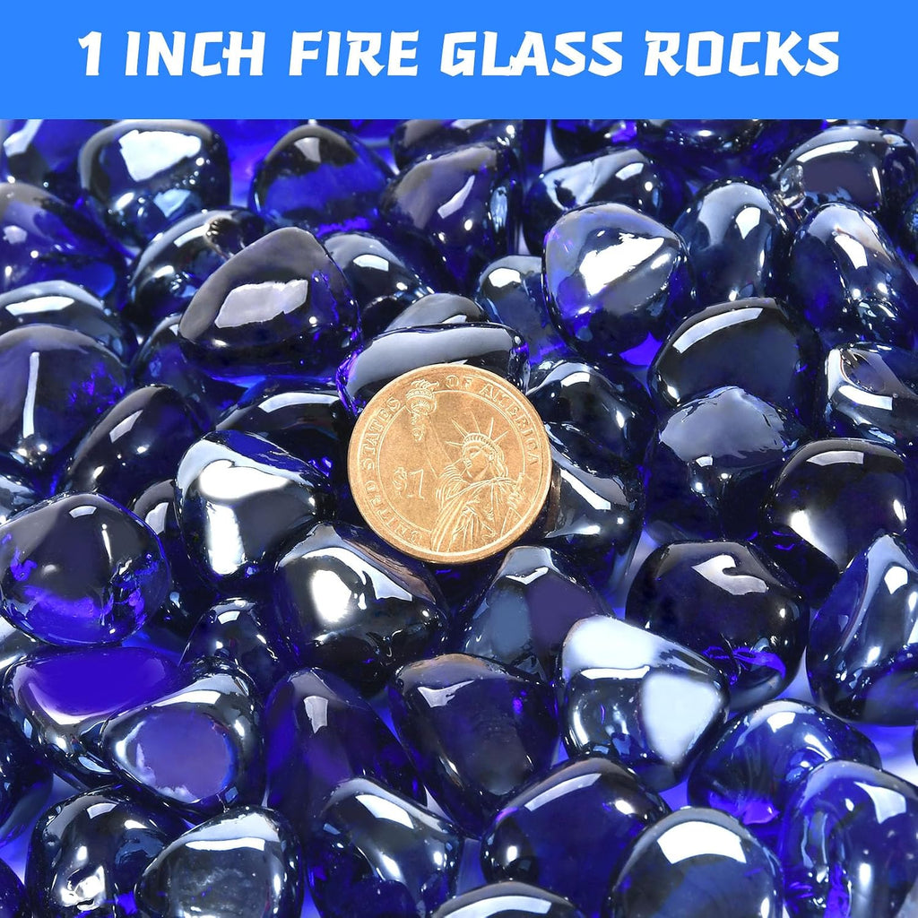 Cobalt Blue Fire Glass Diamonds for Fire Pit and Fireplace - 1 Inch Reflective Tempered Glass, 10 lbs