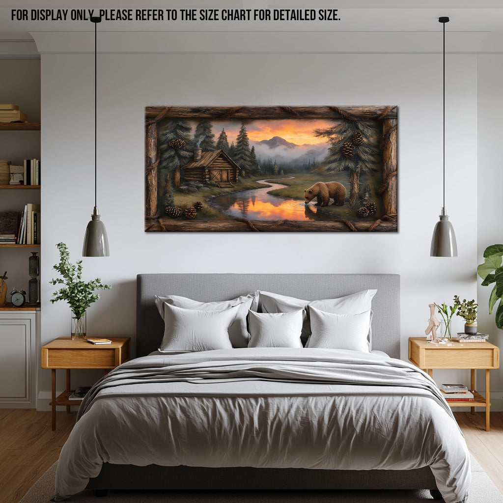 Extra Large Cabin Wall Art, Bear Lake Sunset Canvas Wall Decor with Faux Rustic Border, Mountain Lodge Wildlife