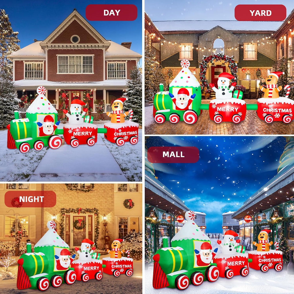 12FT Christmas Inflatable Santa Claus on Train Outdoor Decorations, Lighted Inflatable Christmas Train with Snowman