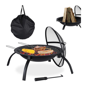 Black XL Pit, Grate, Poker, Spark Screen, Lid, with Bag, Garden, Patio, Fire Bowl D 56.5 cm, mit Tragetasche