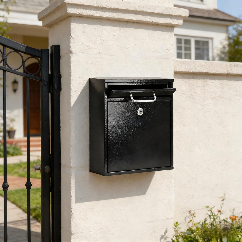 Steel Key Lock Mail Boxes Mailbox, Security Key Drop Box or Commercial, 12H x 10.5L x 4.6W Inches, Black Large