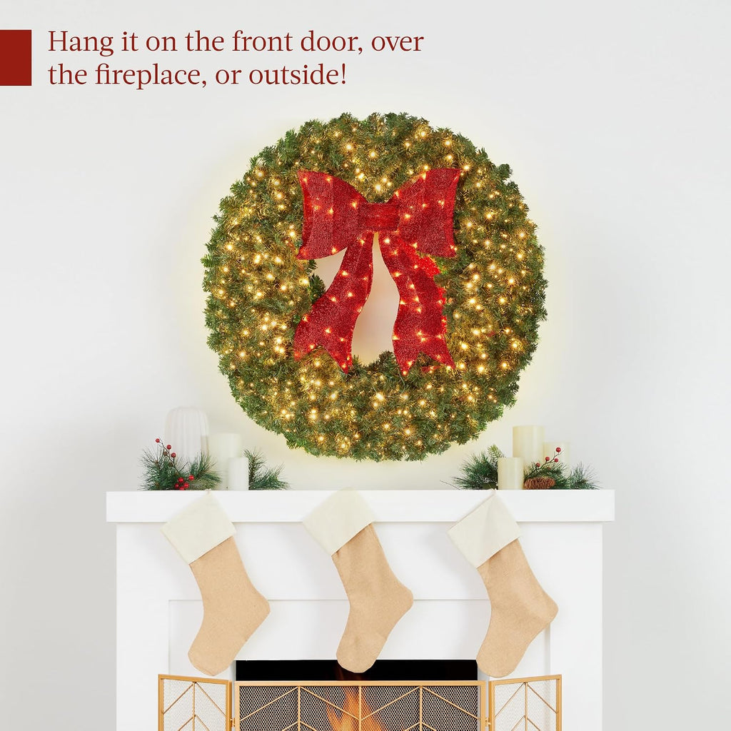 60in Large Artificial Pre-Lit Fir Christmas Wreath Holiday Accent Decoration for Door, Mantel w/Red Lighted Bow, 375