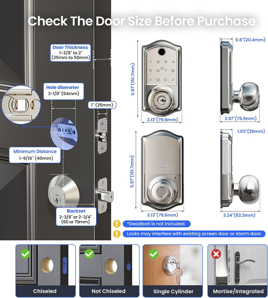 Fingerprint Keypad Smart Door Knob Handle Lock, Satin Nickel