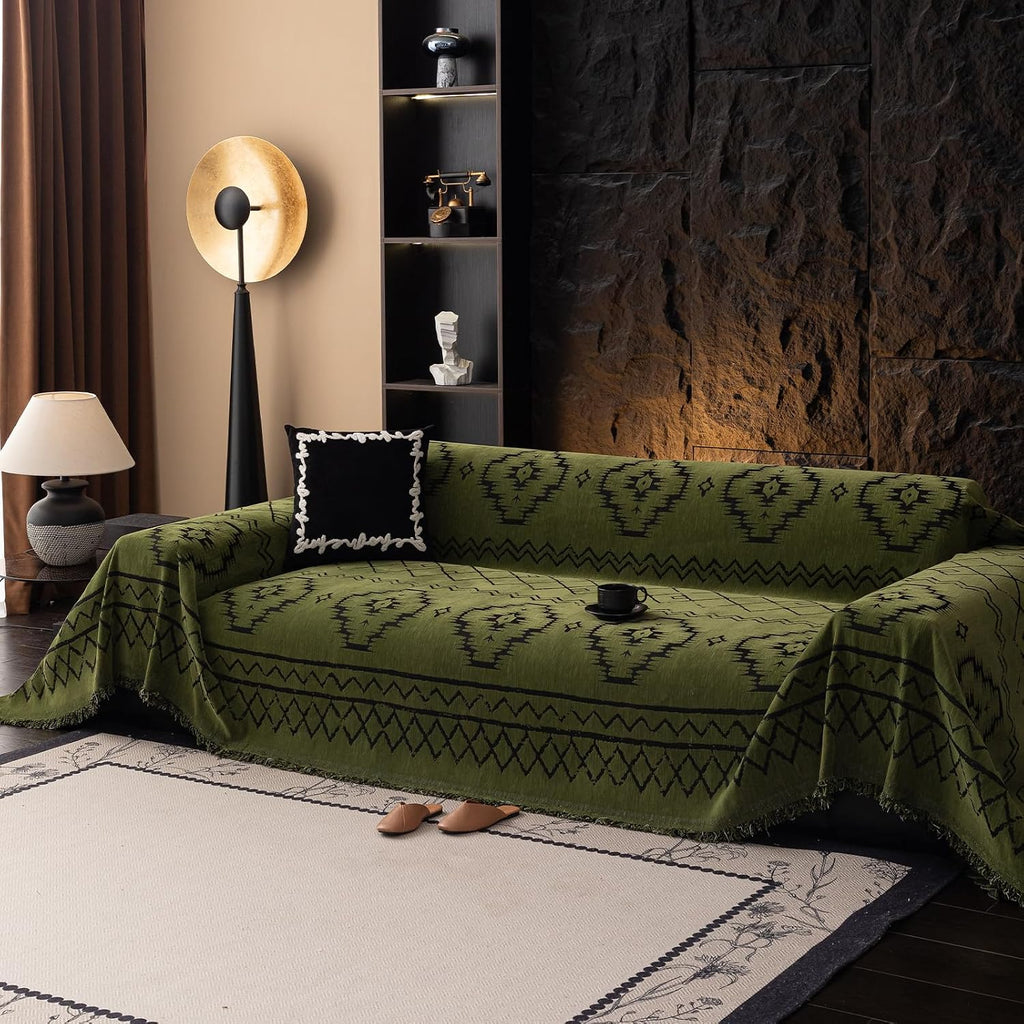 Bohemian Green Couch Cover for Dog, Non Slip Sectional Sofa Covers Furniture Protector Washable Tribal Pattern Couch
