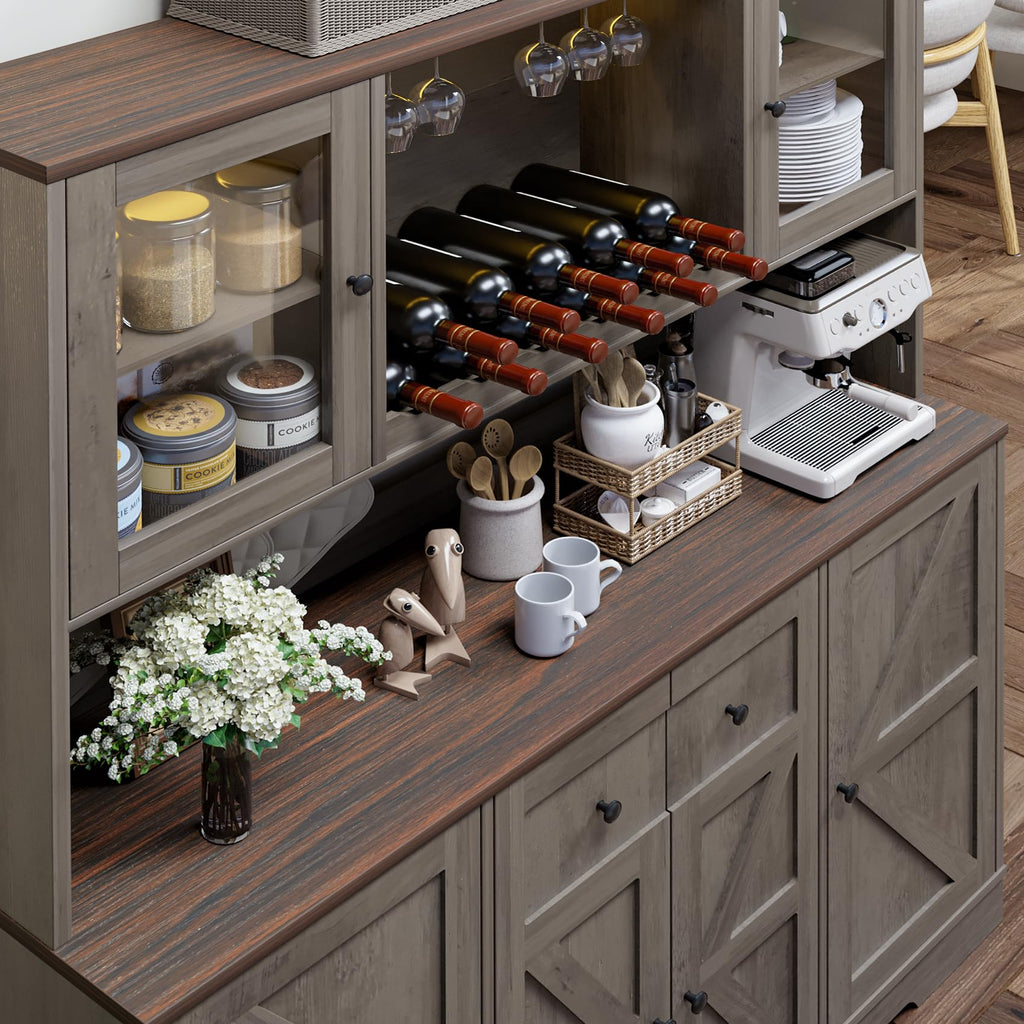 68" Tall Kitchen Pantry Storage Cabinet with Charging Station, 55" Wide Kitchen Hutch Cabinet with Large Countertop