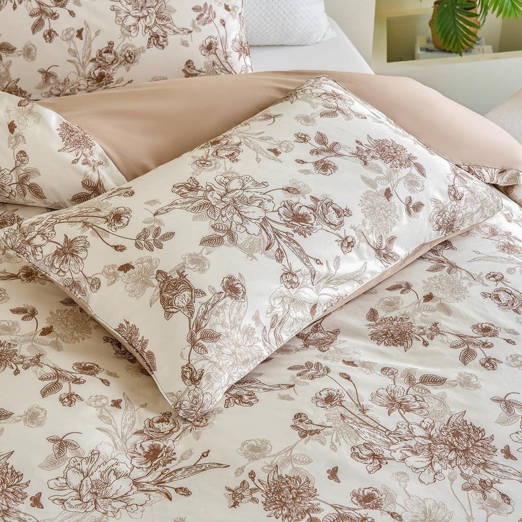 Brown Floral Duvet Cover Set 100% Percale Cotton Shabby Vintage Toile Flower Printed Comforter Covers with