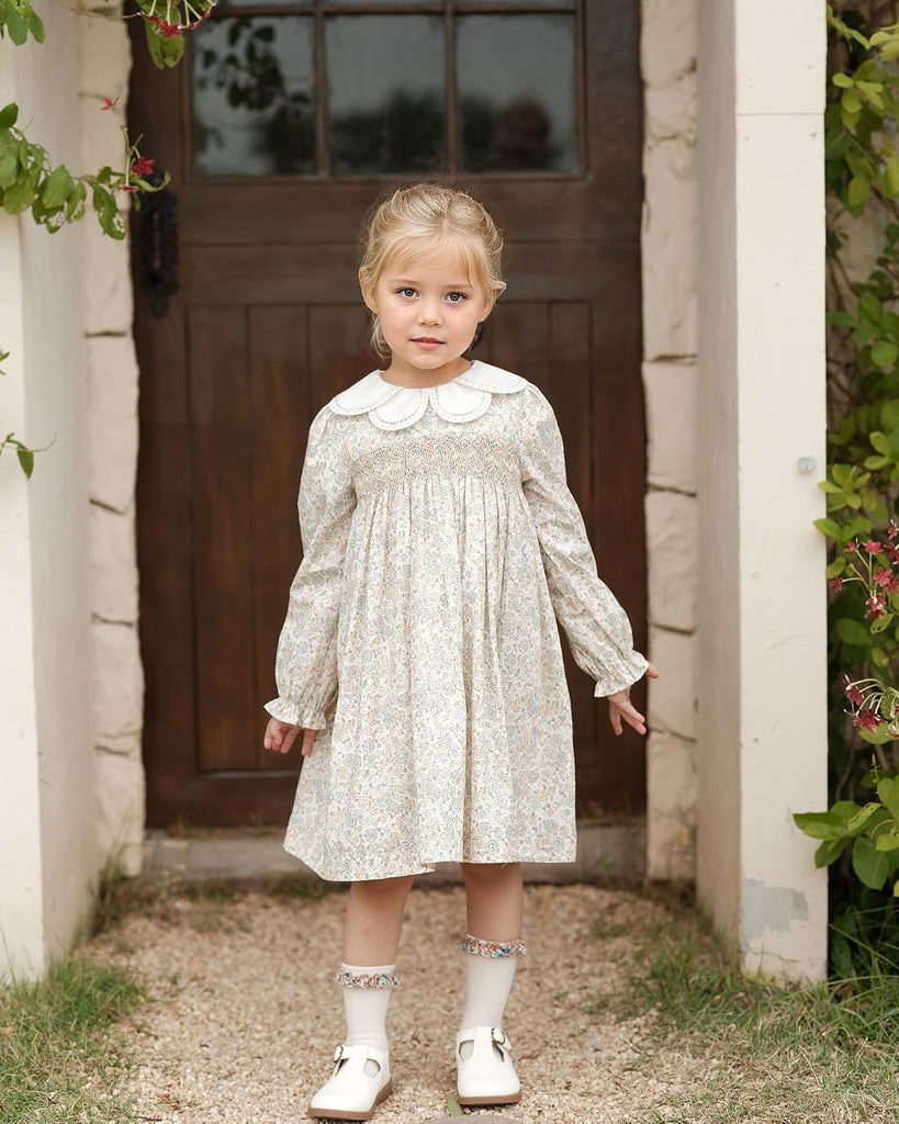 Toddler Baby Girl Smocked Dresses with Flower Collar|Floral Print Long Sleeve Ruffle Dress with Belt