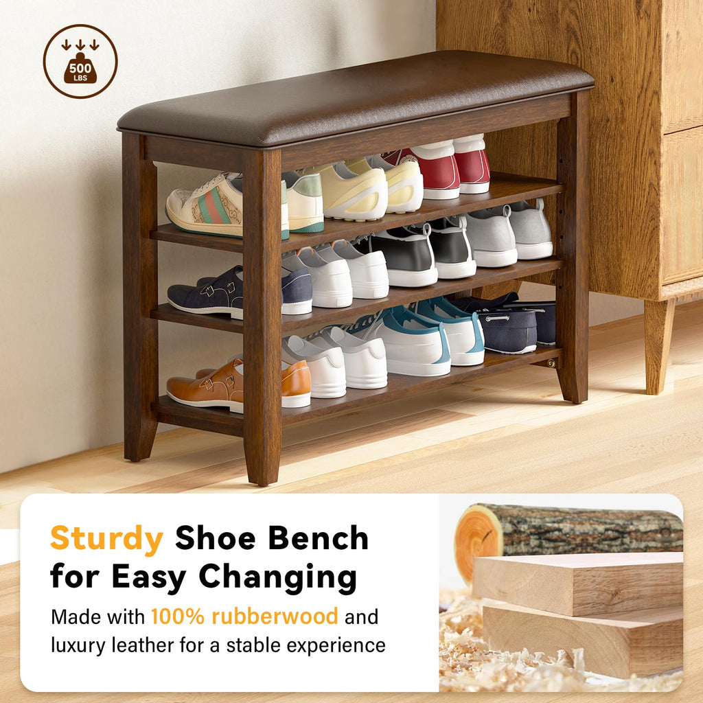 Shoe Rack Bench, 3 Tier Adjustable Shelves Wood 39.4''