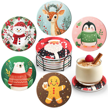 Christmas Coasters Set of 6 with Metal Holder - Absorbent Ceramic Stone Drink Coasters, Vintage Cute Santa Holiday