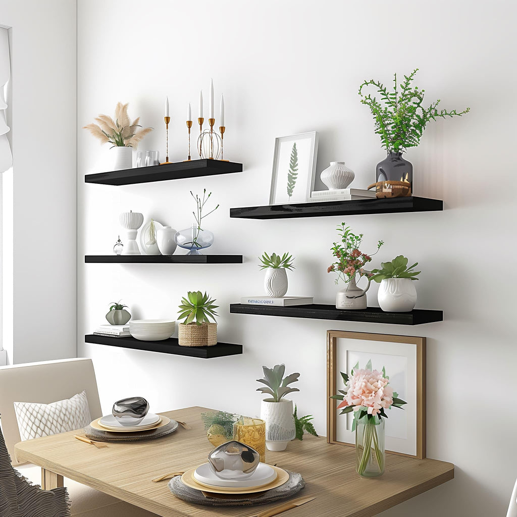 24 Inch Black Wood Floating Shelves for Wall Rustic Wall Shelf Living Room Set of 4