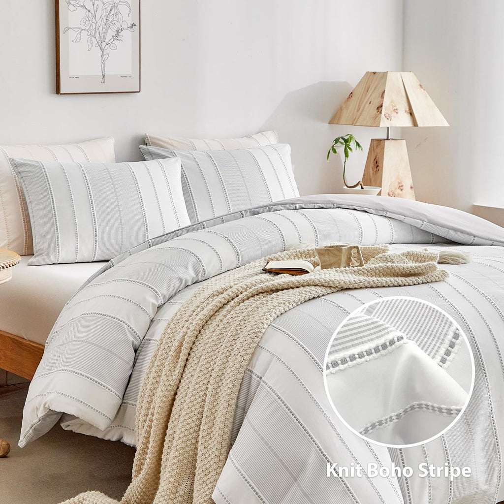 Lightgrey Striped Boho Duvet Cover Set Twin Size, Knit Weave, 2pcs