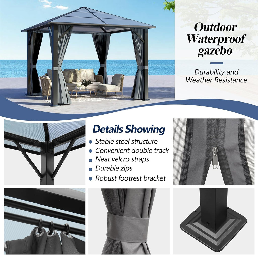 10’x10’ Patio Hardtop Gazebo with Polycarbonate Roof, Waterproof Outdoor Canopy Gazebo