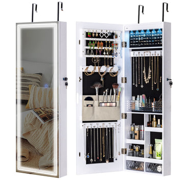 Jewelry Cabinet with 3 Groove Mirror Lamps, Full Length Mirror, Wall/Door Mounted Jewelry Armoire Organizer with 3