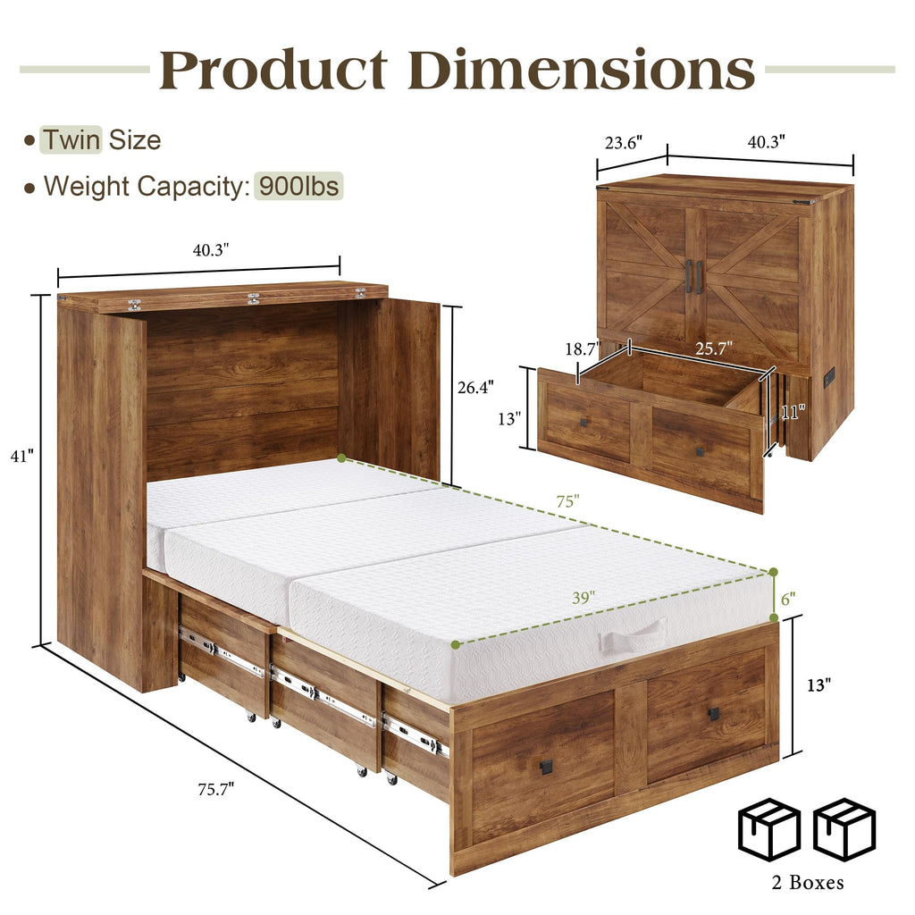 Twin Barnwood Murphy Bed with 6" Tri-Fold Memory Foam Mattress