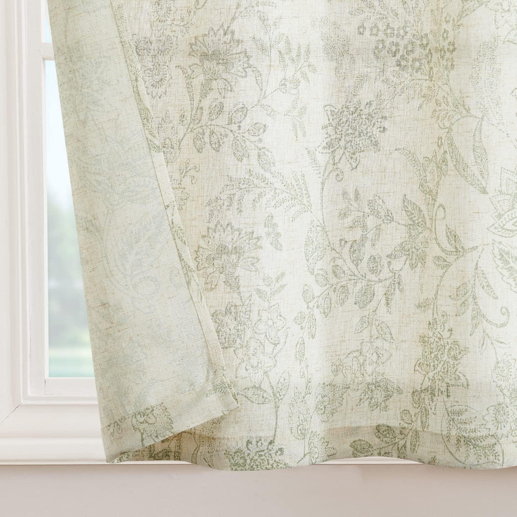 Green on Beige Floral Vine Linen Kitchen Curtains 26W X 24L 2 Panels