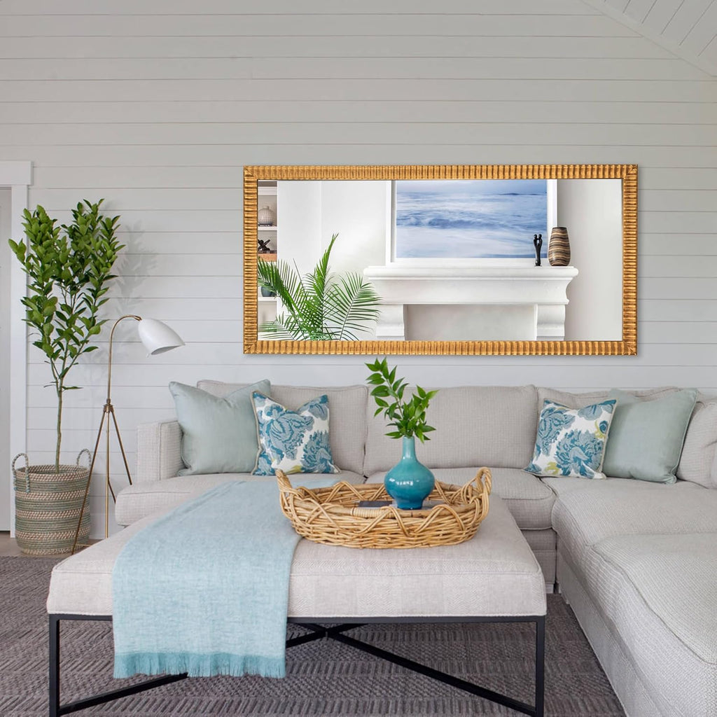 22" x 46" Decorative Wall Mirror Decor, Large Gold Mirror with 3D Wave Wood Carved Frame, Unique Rectangle Wall Decor