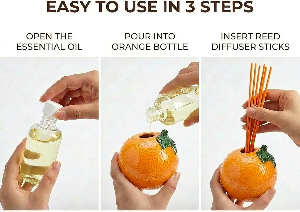 Sweet Natural Orange Scented Reed Diffuser Set - 6.76 fl oz (200ml) with Sticks, Creative Orange-Shaped Ceramic