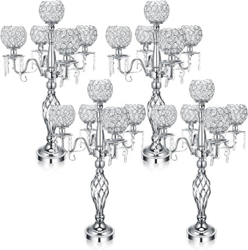 4 Pcs 5 Arm Crystal Candelabra Centerpieces for Table 27 Inch Retro Victorian Crystal Candle Holders Bowl Table