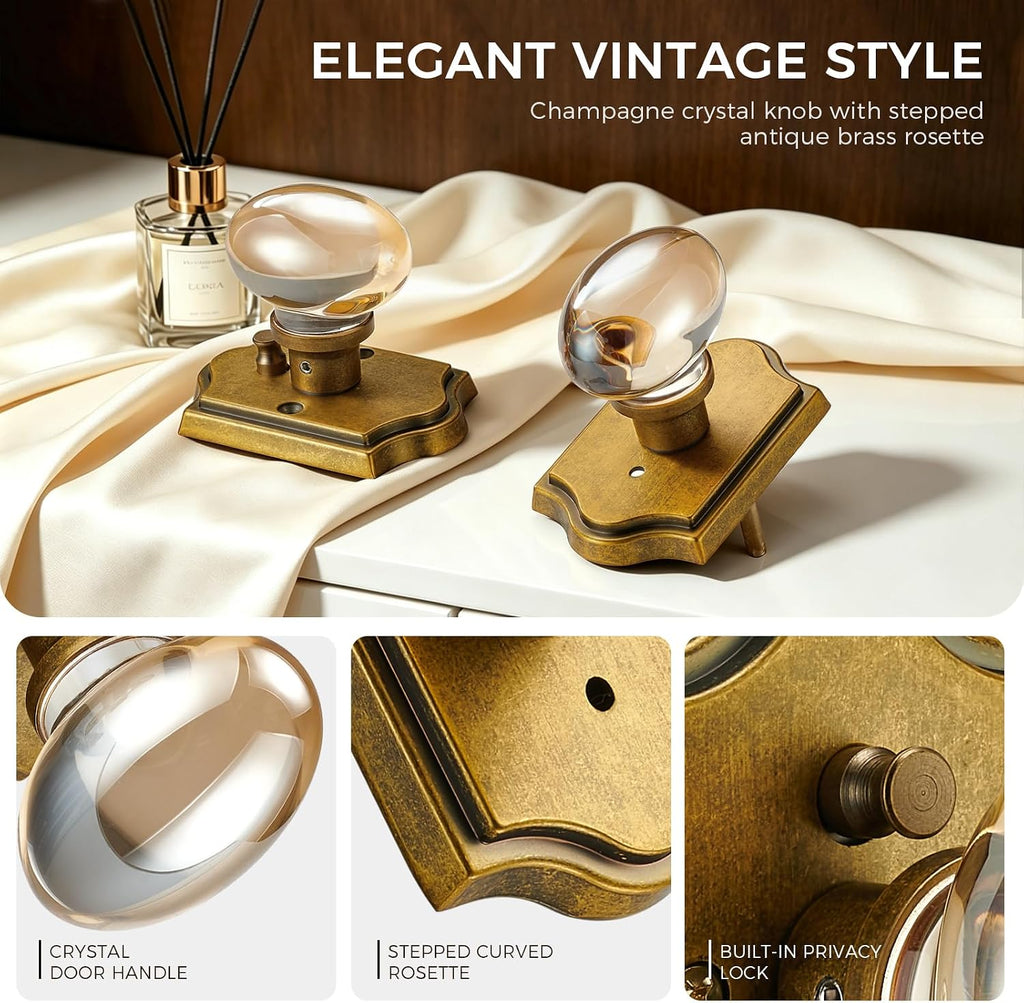 Champagne Crystal Antique Brass Privacy Door Knob