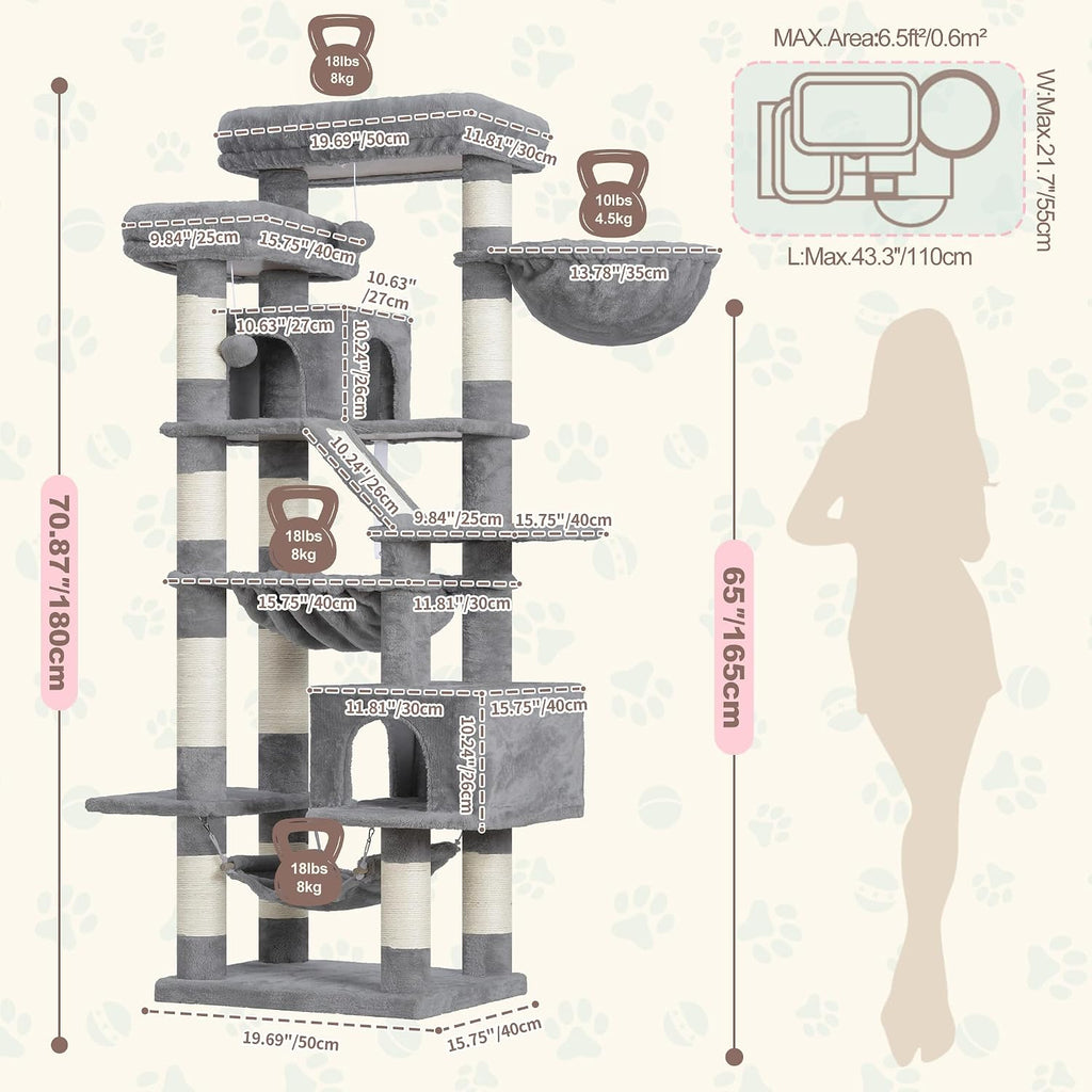 Cat Tree, 71-Inch-Tall Tower for Indoor Cats with 2 Perches