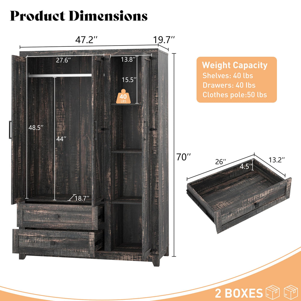 Farmhouse 3 Door Wardrobe Closet with 2 Drawers & Hanging Rod