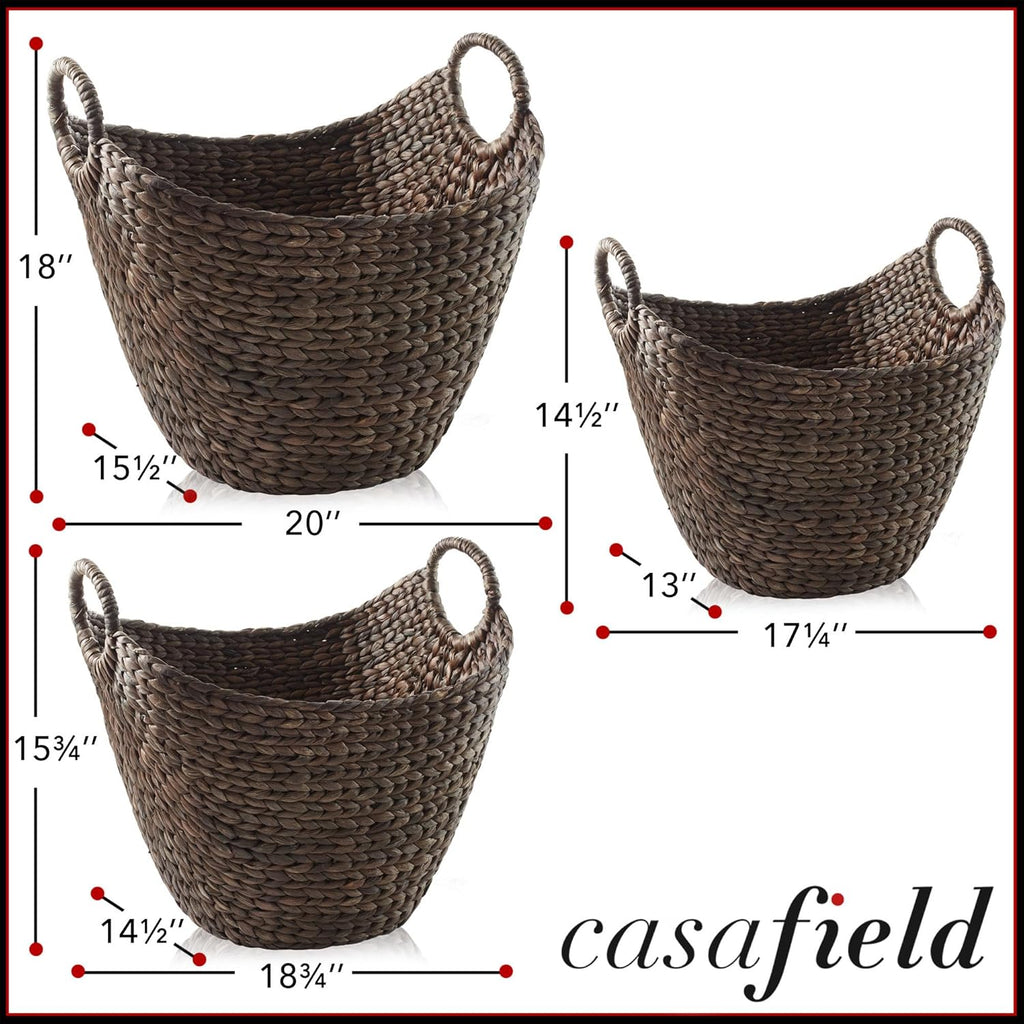 Set of 3 Multipurpose Boat Baskets with Handles - Espresso, Woven Water Hyacinth Storage Organizers for Throw