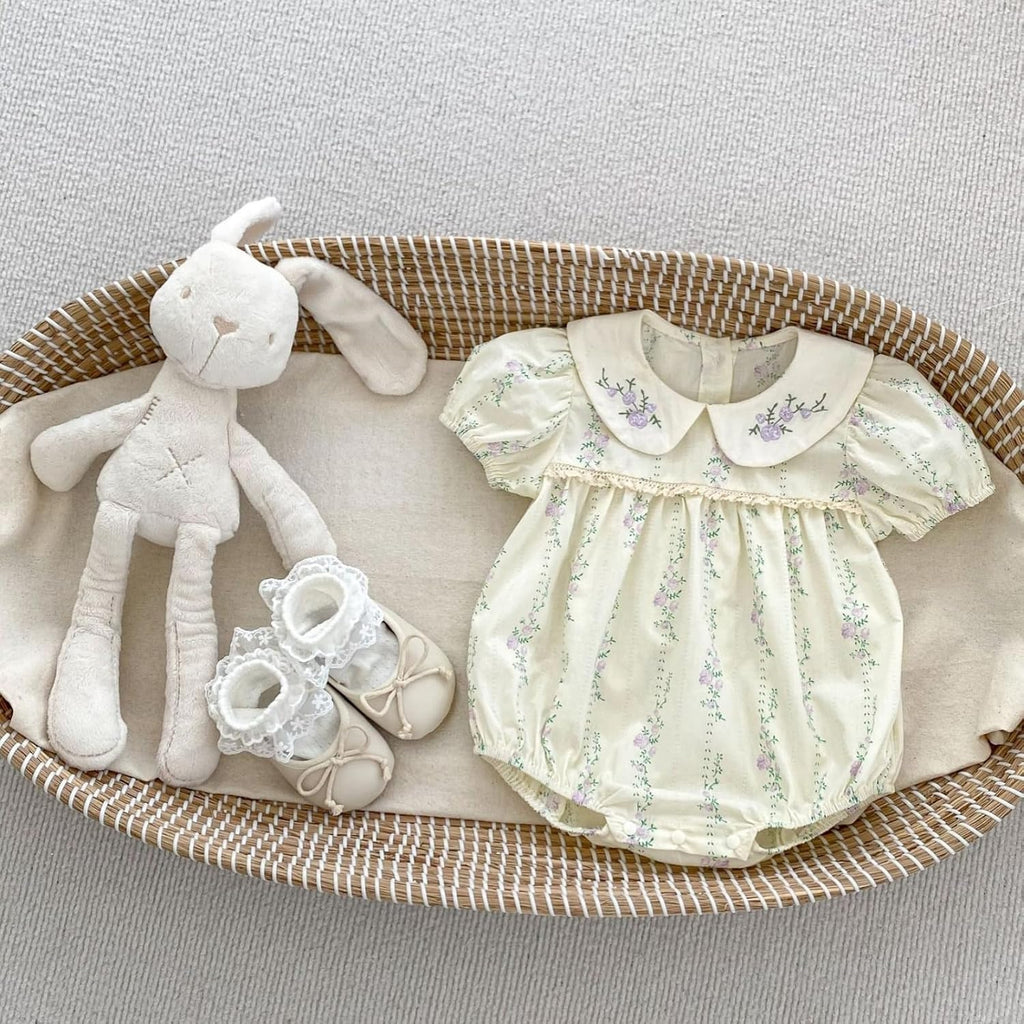 Baby Girl Vintage Floral Romper Embroidered Peter Pan Collar Bubble Short Sleeve Cotton Bodysuit Cute Summer Outfits