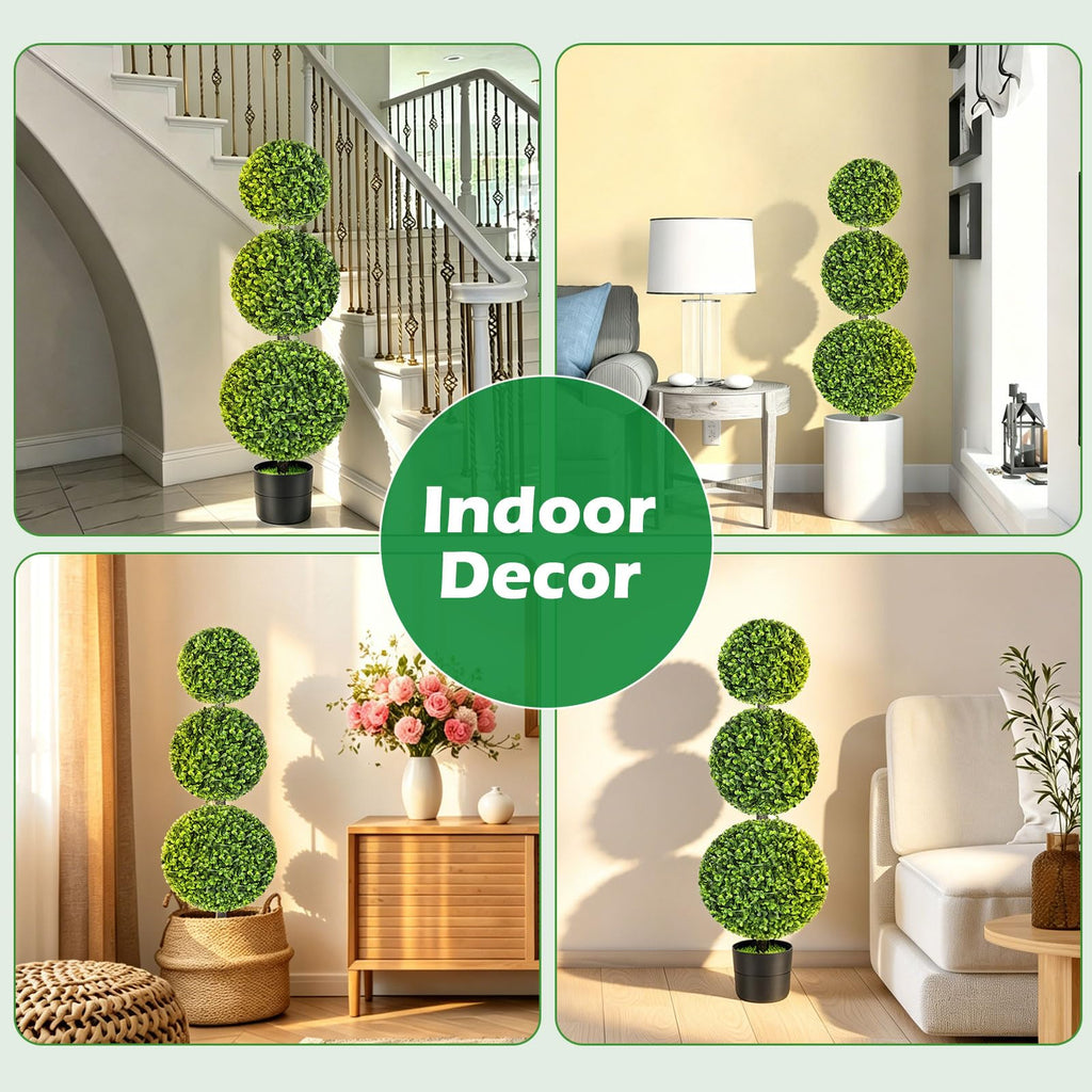 3FT Realistic Artificial Boxwood Triple Ball Topiary Tree with Pot/Ground Stake, UV-Resistant Faux Topiary Plant