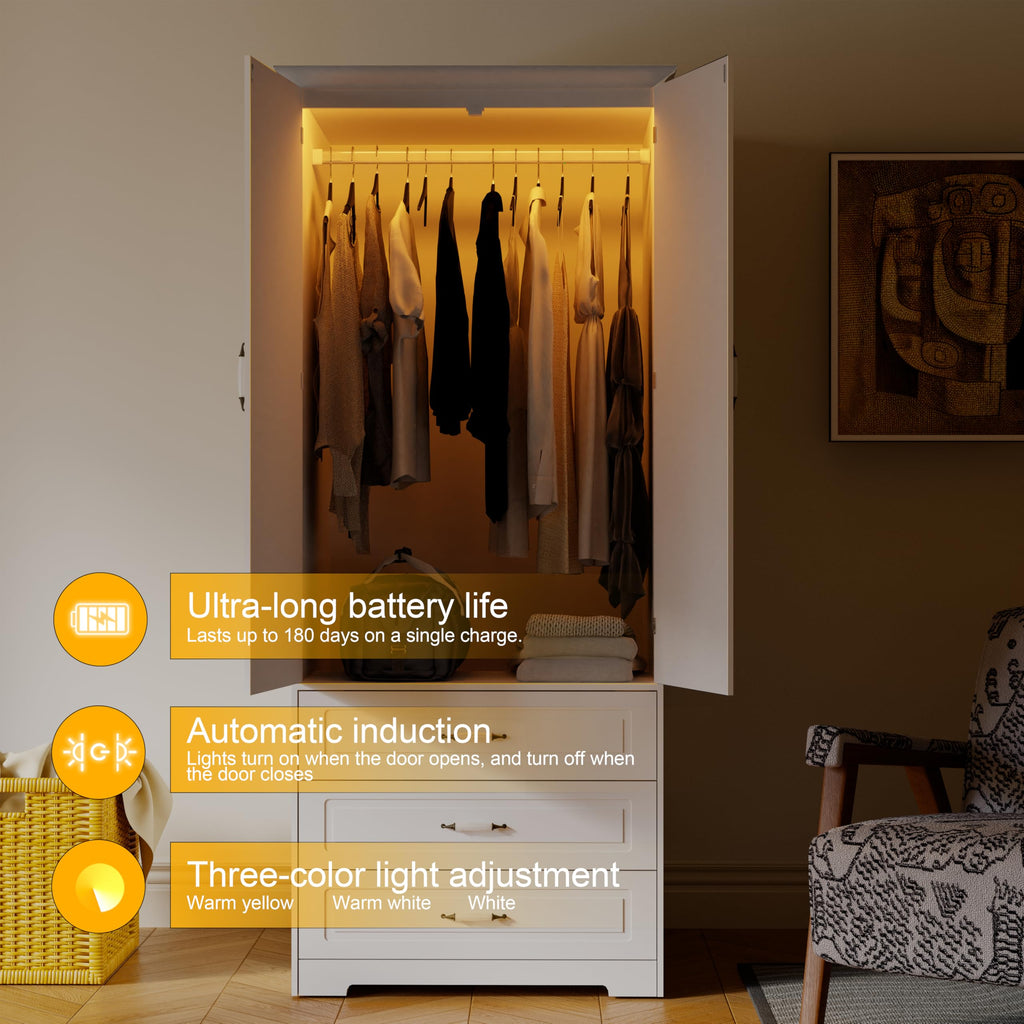 72" Wooden Armoire Wardrobe Closet with LED Bedroom Armoire with 3 Drawers and Retro Ceramic Handles Modern Wardrobe