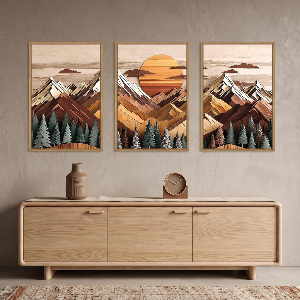 Woodcut Mountain Landscape Framed Canvas Wall Art Set-24"x36"x3