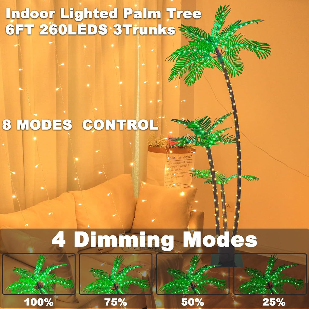 6FT Lighted Artificial Palm Tree with Three Trunks and Upgraded 260 LED Lights - Outdoor/Indoor Use