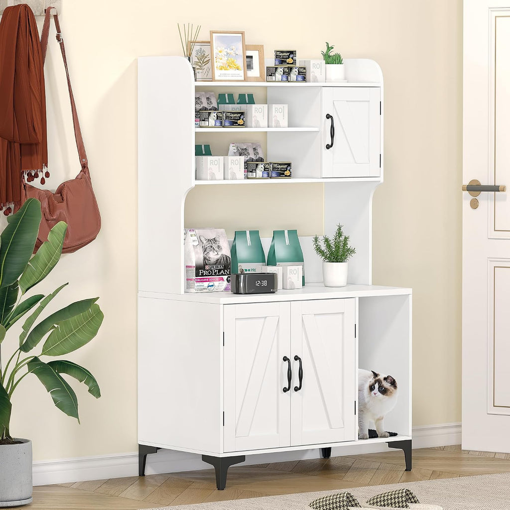 Cat Litter Box Enclosure with 4 Shelves and Storage Cabinet, 51.1 inch Tall Wood Hidden Litter Box Furniture