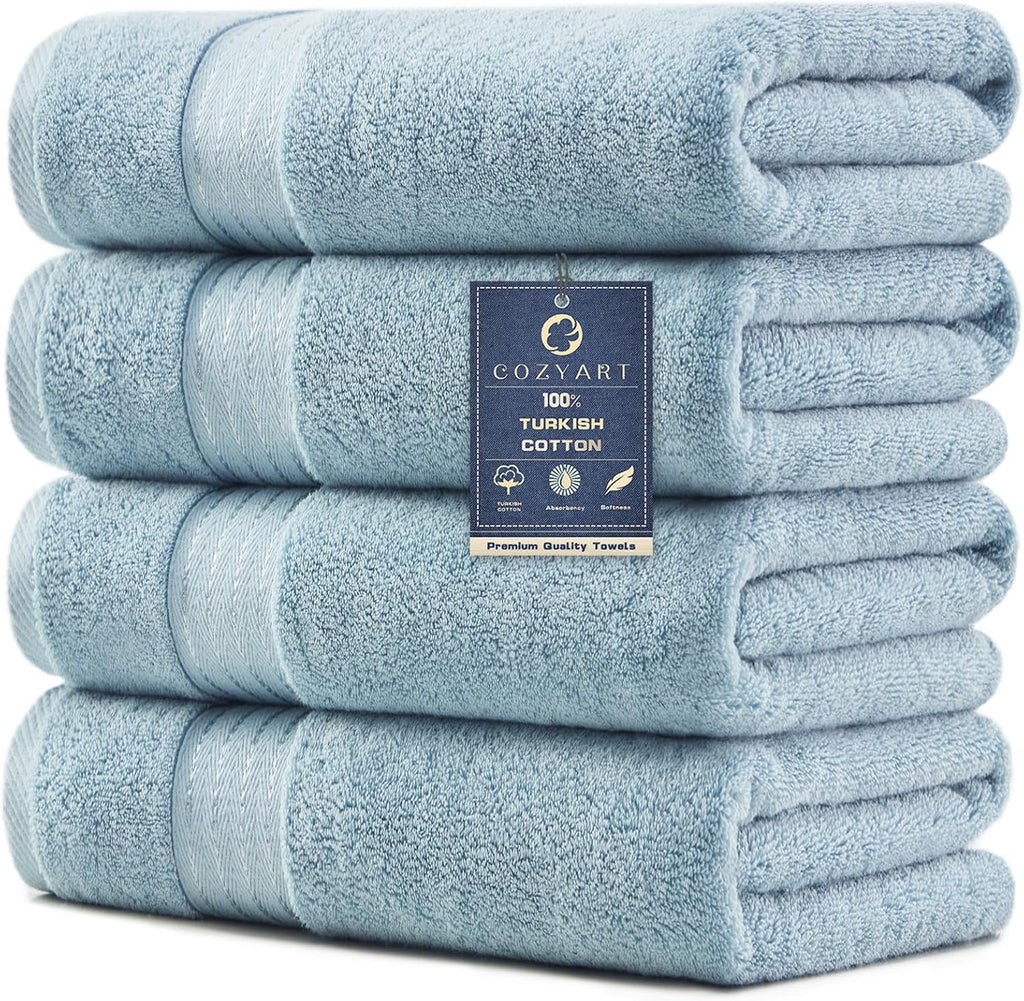 Luxury Bath Towels 4 PCS, 27x54 650 GSM Turkish Cotton, Light Blue | Zero Twist 100% Ring Spun Cotton, Fluffy, Ultra