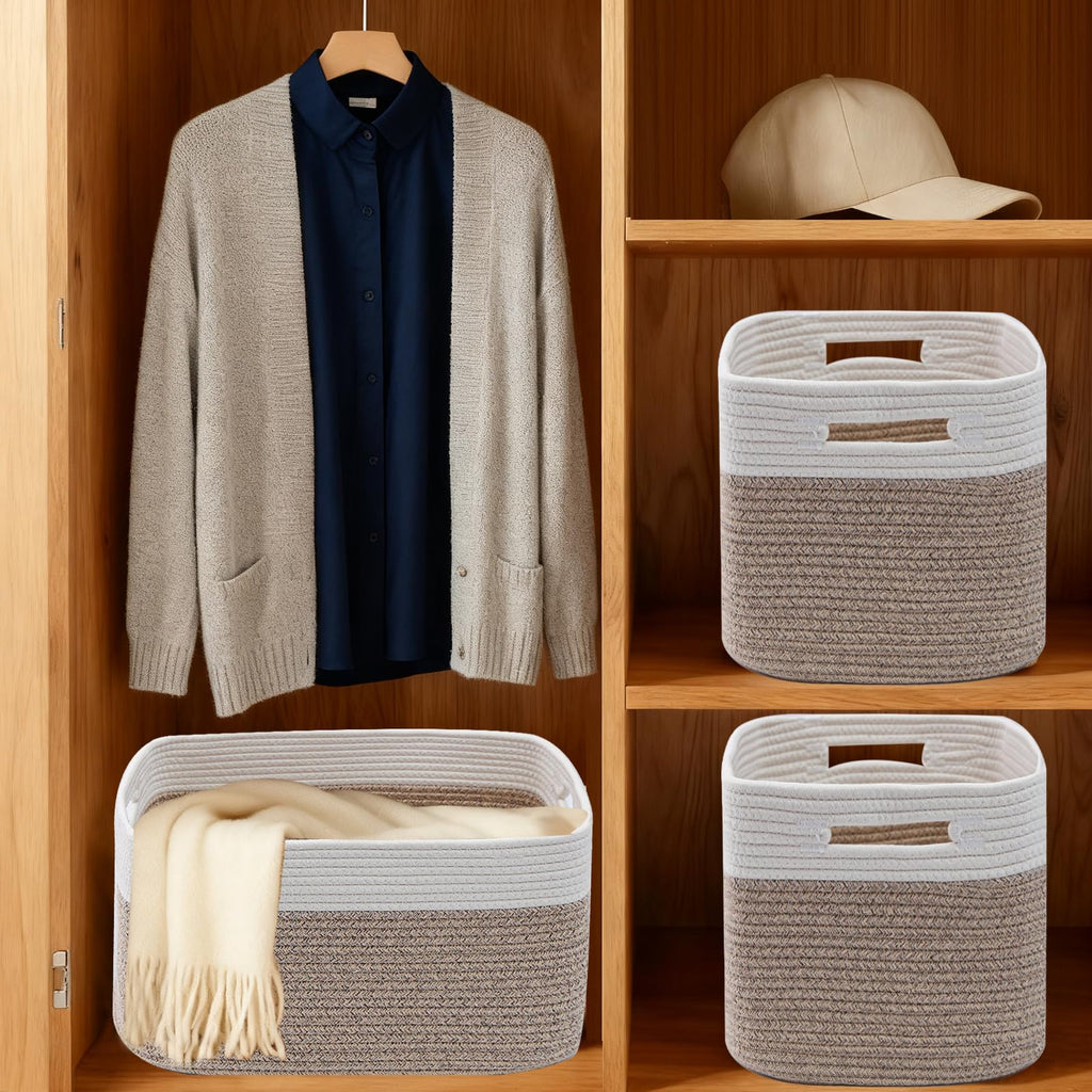 3 Pack Woven Baskets, Storage Baskets for Shelves with Handles