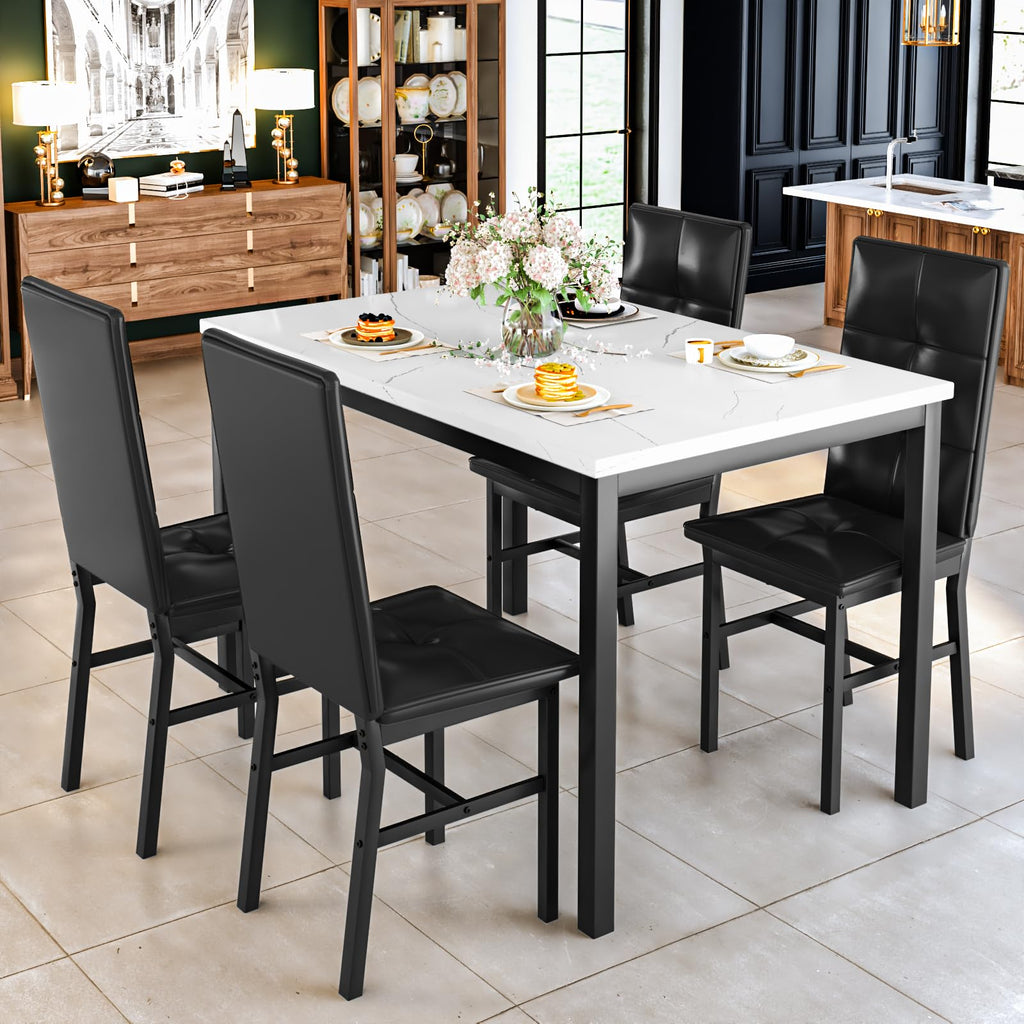Dining Table Set for 4, Faux Marble Small Kitchen Table with 4 PU Leather Chairs, Modern 5 Piece Dinner Table Set